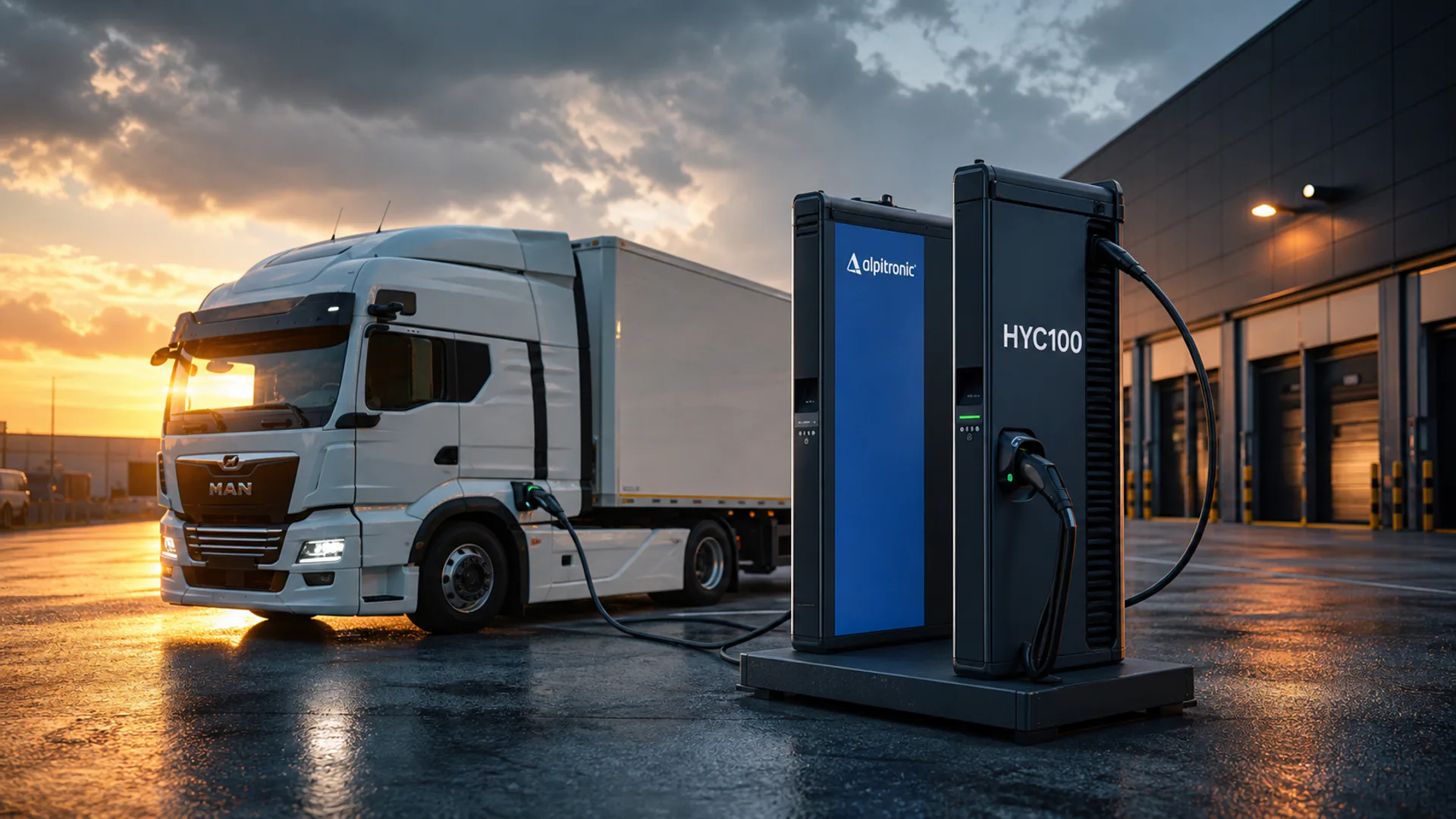 Sistema di ricarica distribuita Alpitronic HYC1000 con potenza totale fino a 1 MW