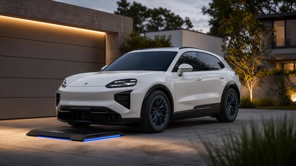 Porsche Cayenne Electric 2027 con sistema di ricarica wireless tramite piastra a terra