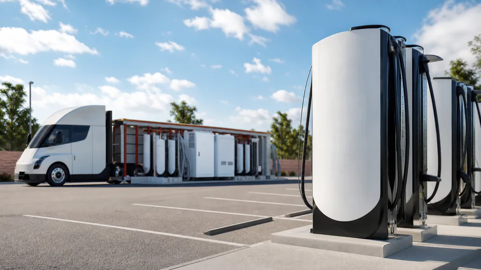 Il tema del Supercharger Accordion preassemblato con componenti Tesla V4 per le aree di parcheggio
