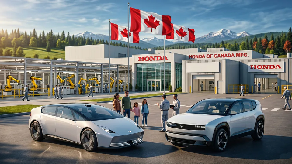 Exterior of Honda of Canada Manufacturing with three Canadian flags, assembly robots, and workers beside two futuristic cars outside the facility.