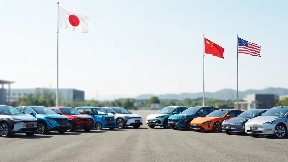 Row of colorful electric cars parked in an outdoor lot with the Japanese, Chinese, and American flags waving above the scene.