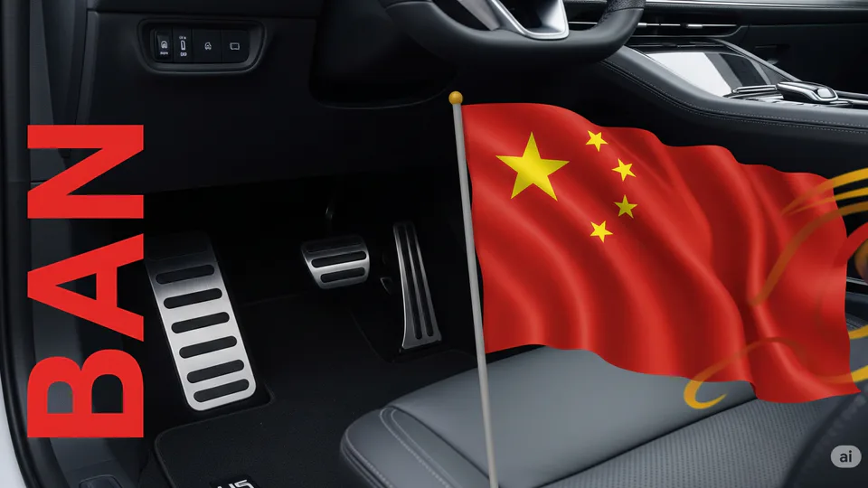 Car interior close-up with metallic pedals and a red Chinese flag overlay flowing across the passenger area.