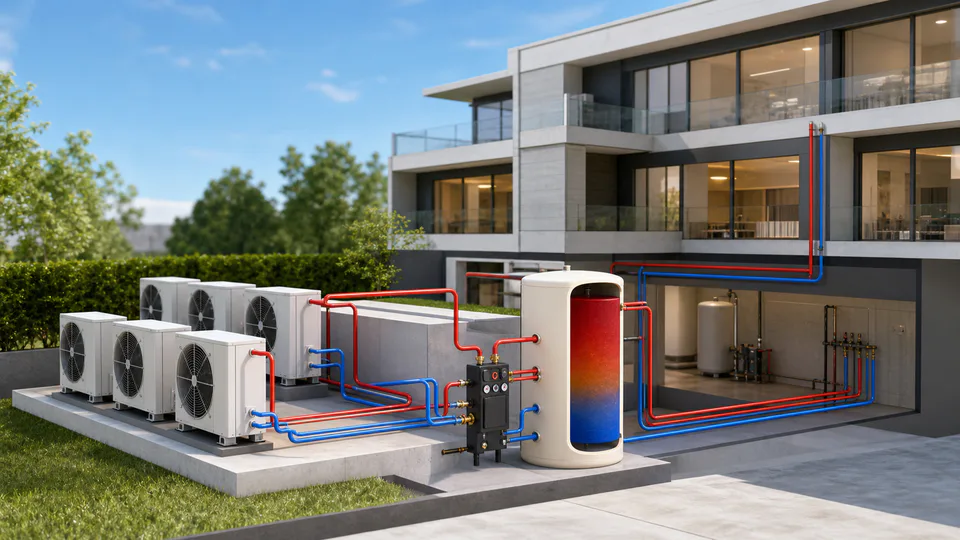 Sistema per edifici con pompe di calore ad aria reversibili e accumulo termico dell’acqua