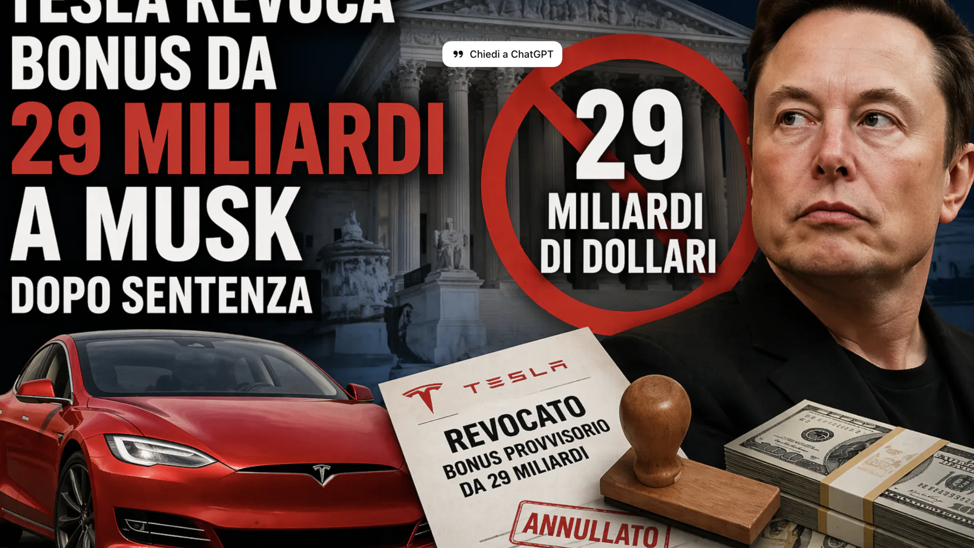 Tesla revoca il bonus da 29 miliardi a Musk