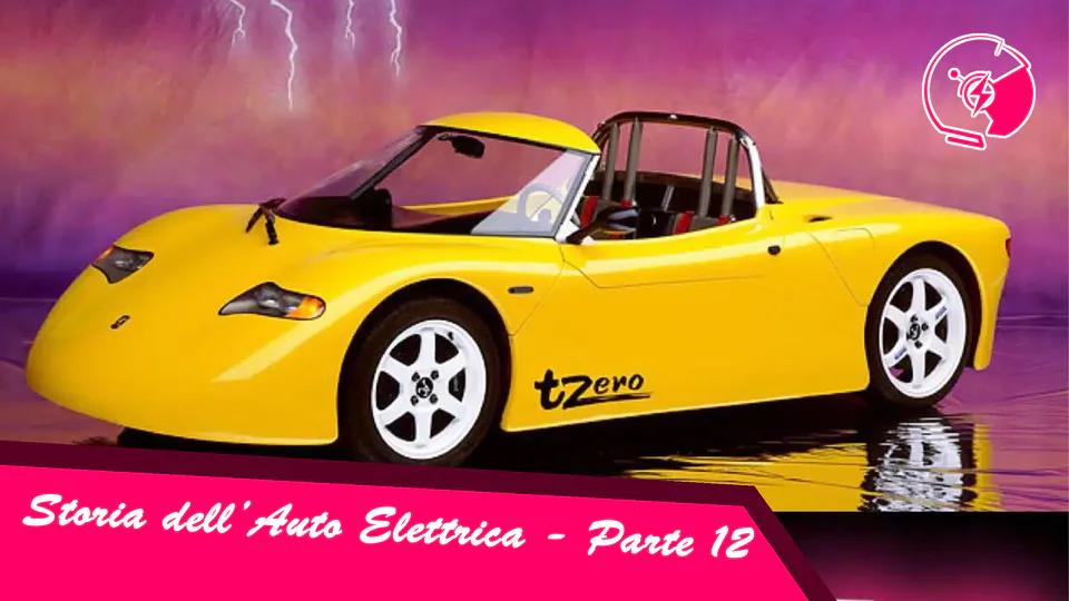 Yellow convertible sports car on a purple gradient background with a pink caption banner reading 'Storia dell' Auto Elettrica - Parte 12' (Italian text).