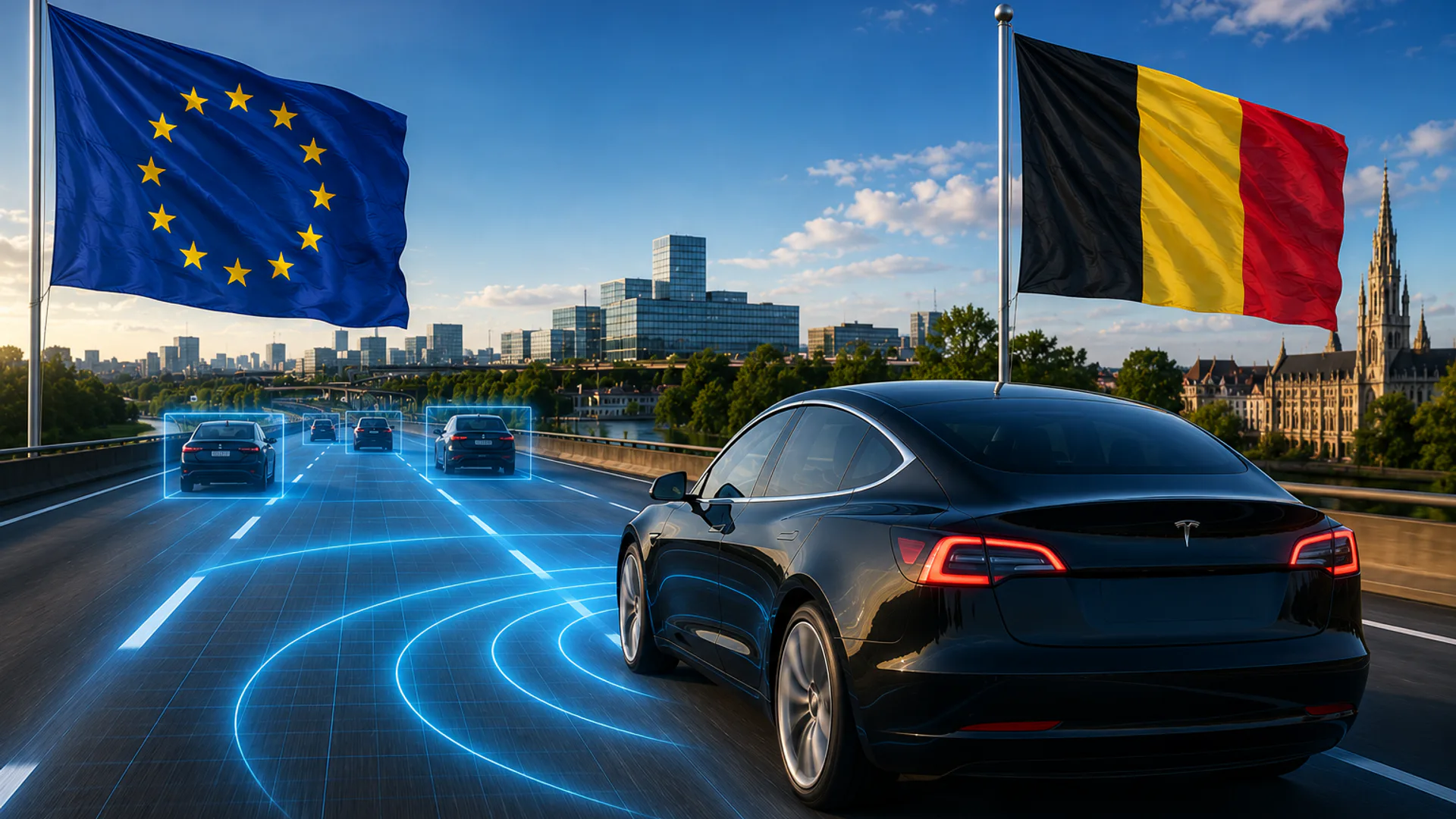 Electric car on a highway with glowing blue autonomous-driving lines, EU flag on left and Belgium flag on right.
