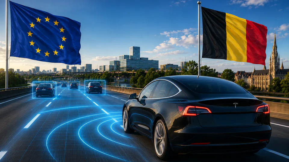 Electric car on a highway with glowing blue autonomous-driving lines, EU flag on left and Belgium flag on right.