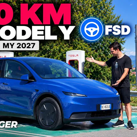 Copertina del video sulla prova in viaggio della Tesla Model Y Standard tra consumi, assistenza alla guida e ricarica