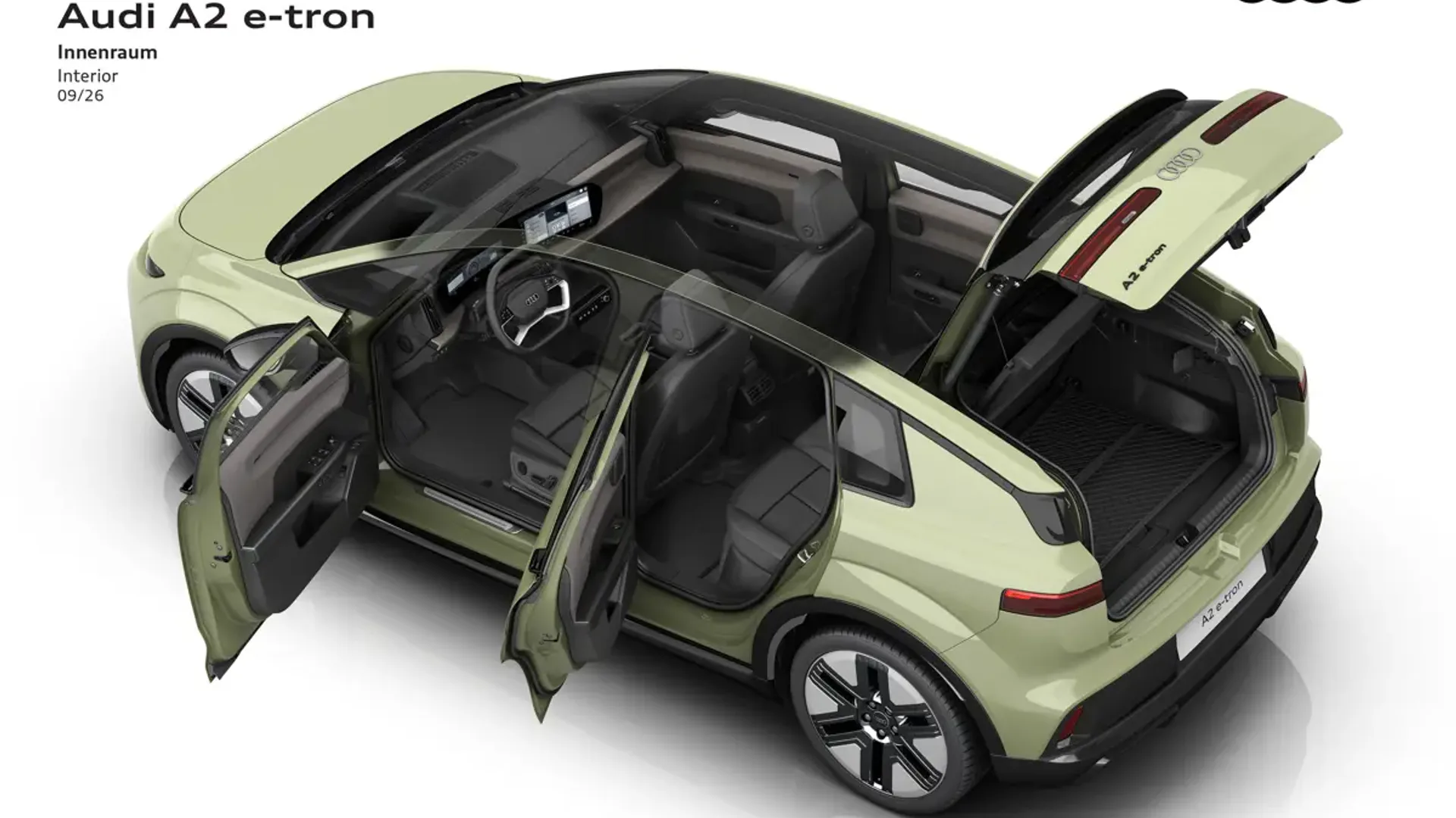 Elettronauti - Audi A2 e-tron con porta anteriore e portellone aperti, abitacolo e vano bagagli visibili