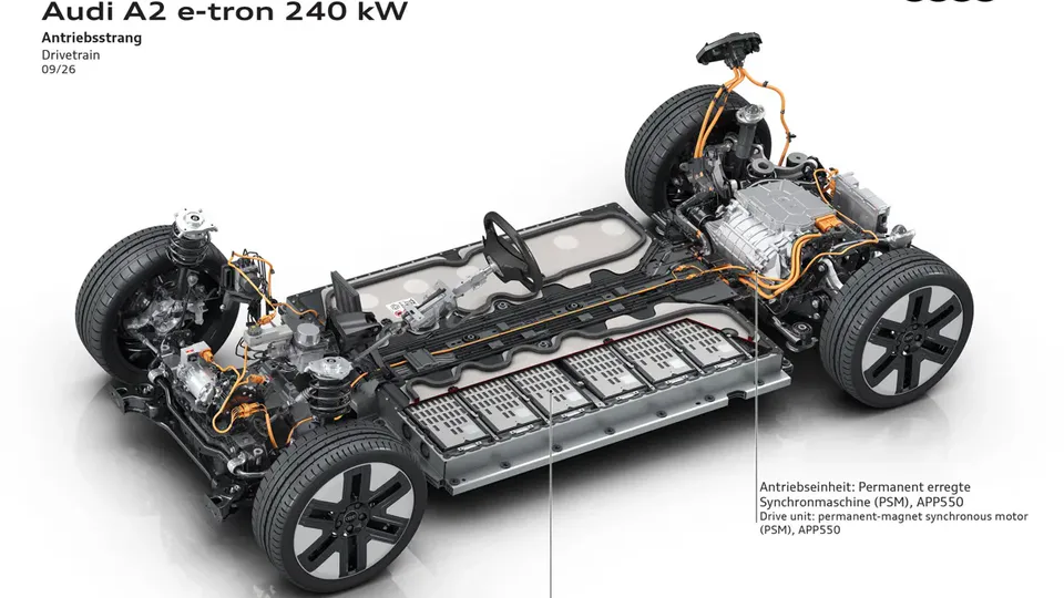 Elettronauti - Schema del telaio Audi A2 e-tron con batteria, propulsore elettrico e sospensioni