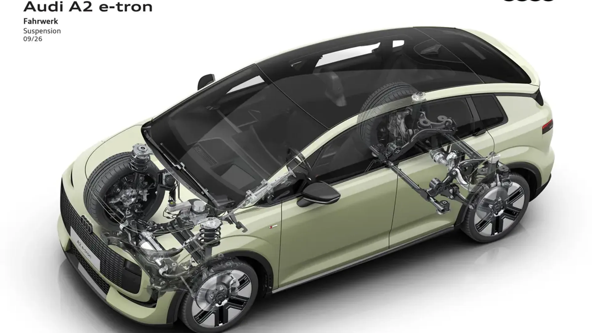 Elettronauti - Schema in sezione di Audi A2 e-tron con telaio e gruppo motopropulsore