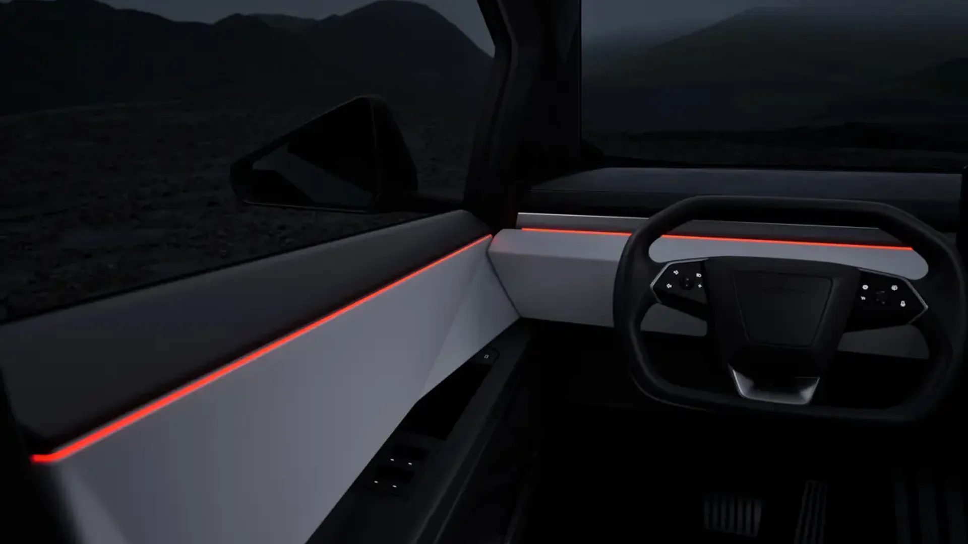 Elettronauti - Volante e plancia della Tesla Cybertruck con illuminazione d'accento rossa