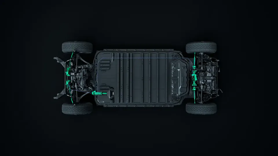 Elettronauti - Vista dall'alto del telaio Tesla Cybertruck e del pacco batteria